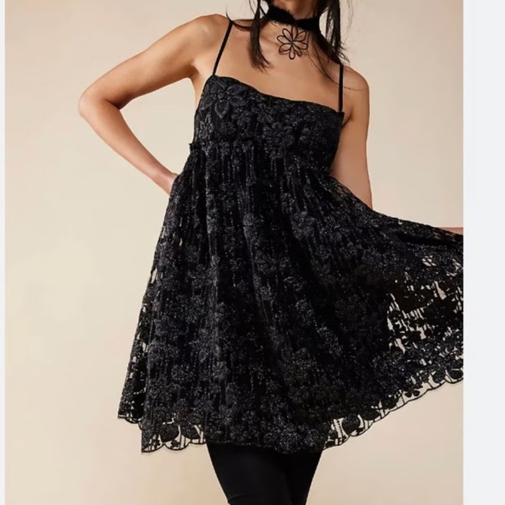 Free People All That Glitters Mini babydoll Dress XL NWOT Black